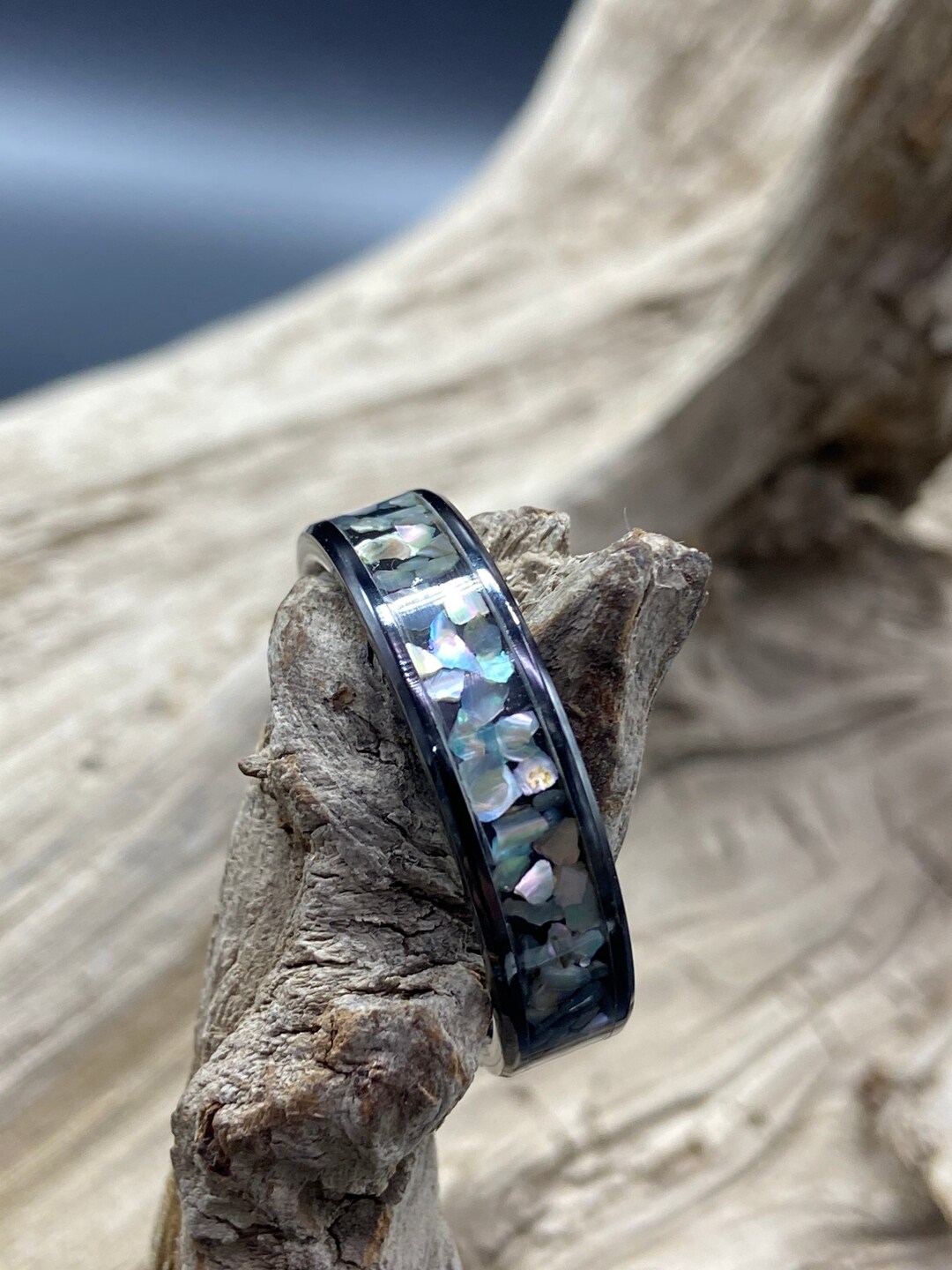 Handmade Inlay Ring, Paua Abalone Shell Fragments, Black Ceramic Band ...