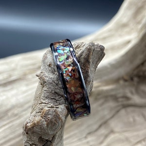 Handmade Inlay Ring, Copper Abalone Shell, 6mm Wide Black Ceramic Band, Womens Ring, Mens Band