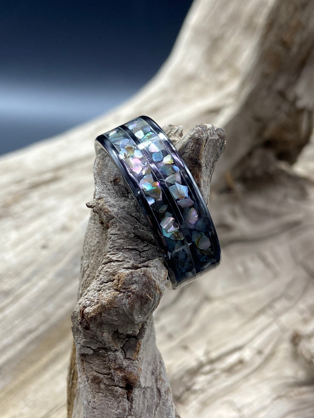 Handmade Inlay Ring, Paua Abalone Shell, Double Channel Black Ceramic ...