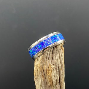 Handmade Opal Inlay Ring, Stainless Steel Band, Starry Night Opal, Womens Ring, Mens Band