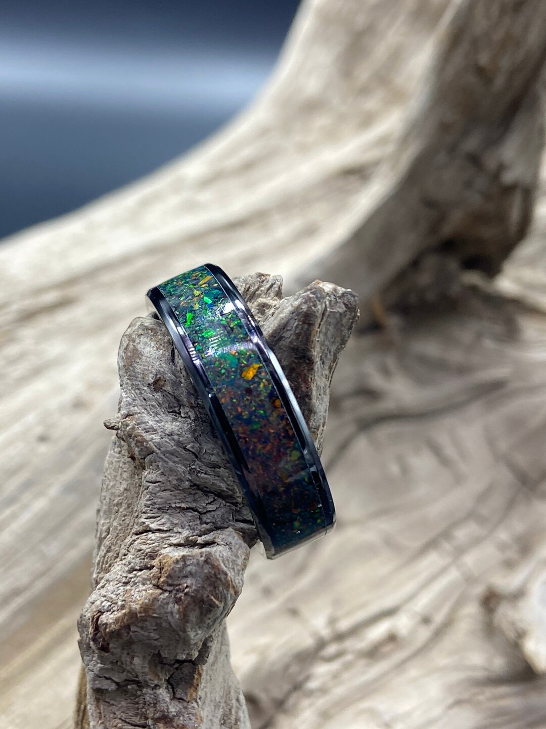 Handmade Opal Inlay Ring Black Opal Black Ceramic Band Womens Ring Mens Band Etsy Canada