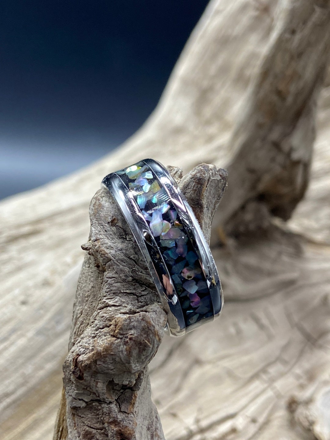Handmade Inlay Ring, Paua Abalone Inlay, Stainless Steel Band, Womens ...