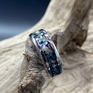 Handmade Inlay Ring, Paua Abalone Inlay, Stainless Steel Band, Womens Ring, Mens Band