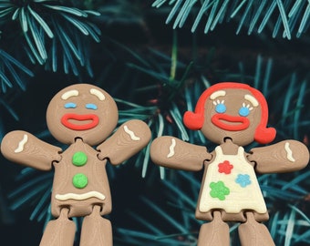 3D Printed Articulated Gingerbread Couple, Gingerbread Man and Woman, Gingerbread Christmas Ornament