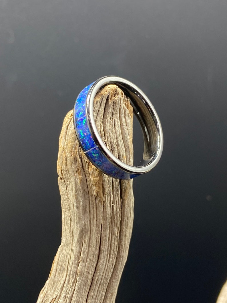 Handmade Inlay Ring, Starry Night Opal, Black Ceramic Band, Womens Ring ...