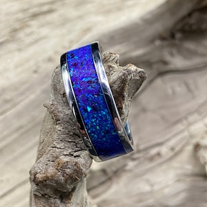 Handmade Opal Inlay Ring, Sleepy Lavender Maleficent Opal, Stainless Steel Band, Womens Ring, Mens Band