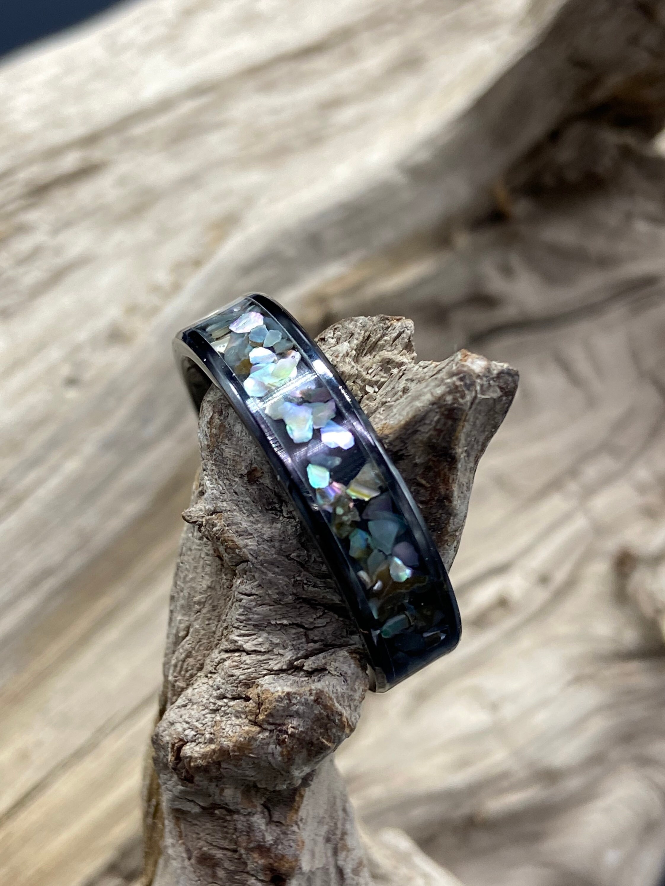 Handmade Inlay Ring, Paua Abalone Shell Fragments, Black Ceramic Band ...