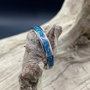Handmade Opal Inlay Ring, Teal Blue Green Opal, Stainless Steel Band, Womens Ring, Mens Band