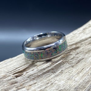 Handmade Storm Cloud Opal Inlay Ring, Stainless Steel Band, Womens Ring, Mens Band