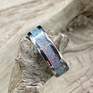 Handcrafted Blue Ice Opal Inlay Ring, Stainless Steel Band, Womens Ring, Mens, Band