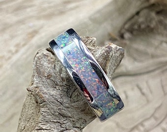 Handcrafted Blue Ice Opal Inlay Ring, Stainless Steel Band, Womens Ring, Mens, Band