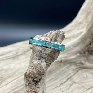 Handmade Opal Inlay Ring, Spring Green Opal, Stainless Steel Band, Womens Ring, Mens Band