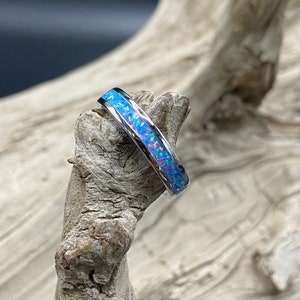 Handcrafted Opal Inlay Ring, Blue Cotton Candy Crushed Opal, Stainless Steel Band