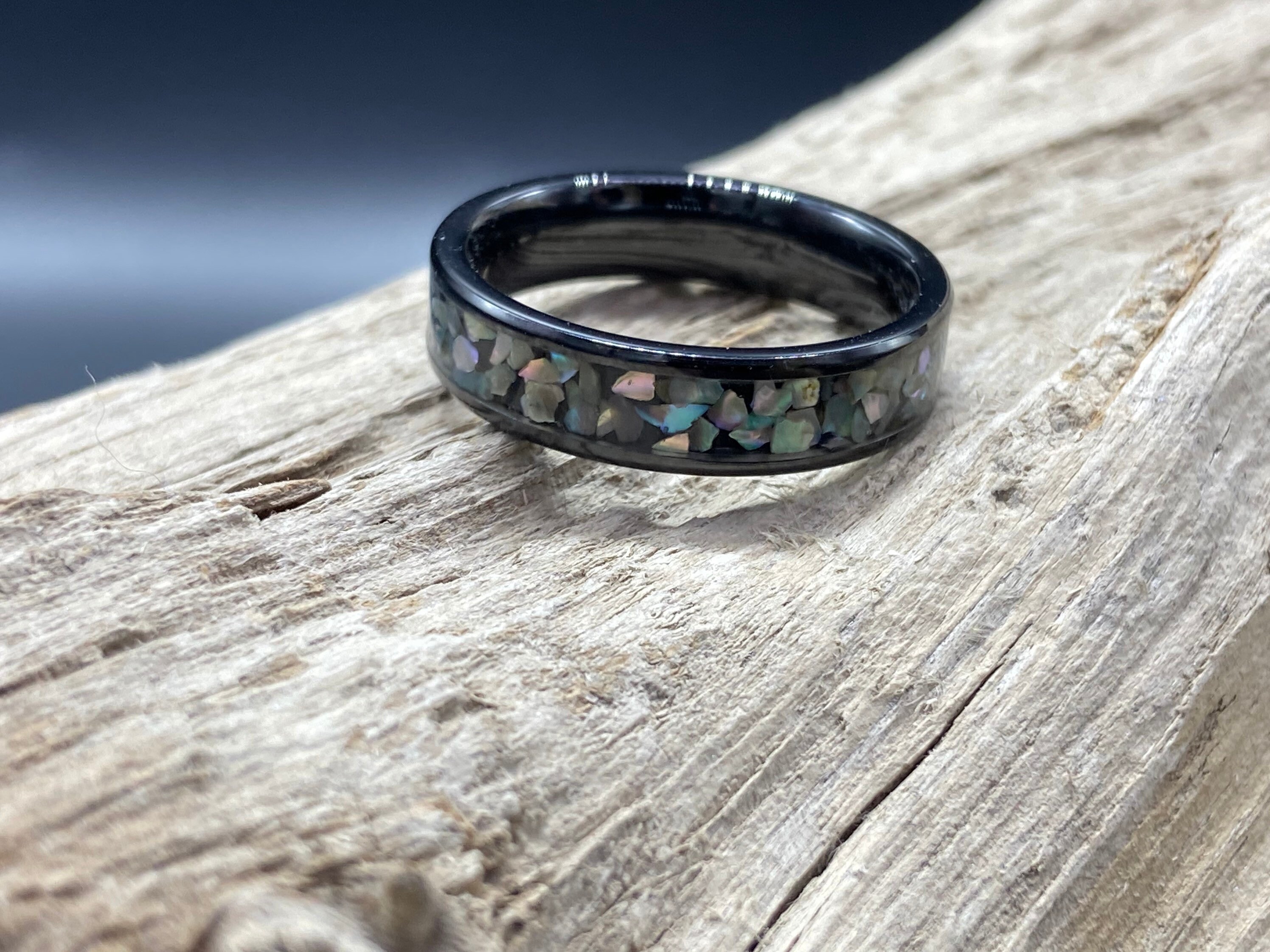 Handmade Inlay Ring, Paua Abalone Shell Fragments, Black Ceramic Band ...