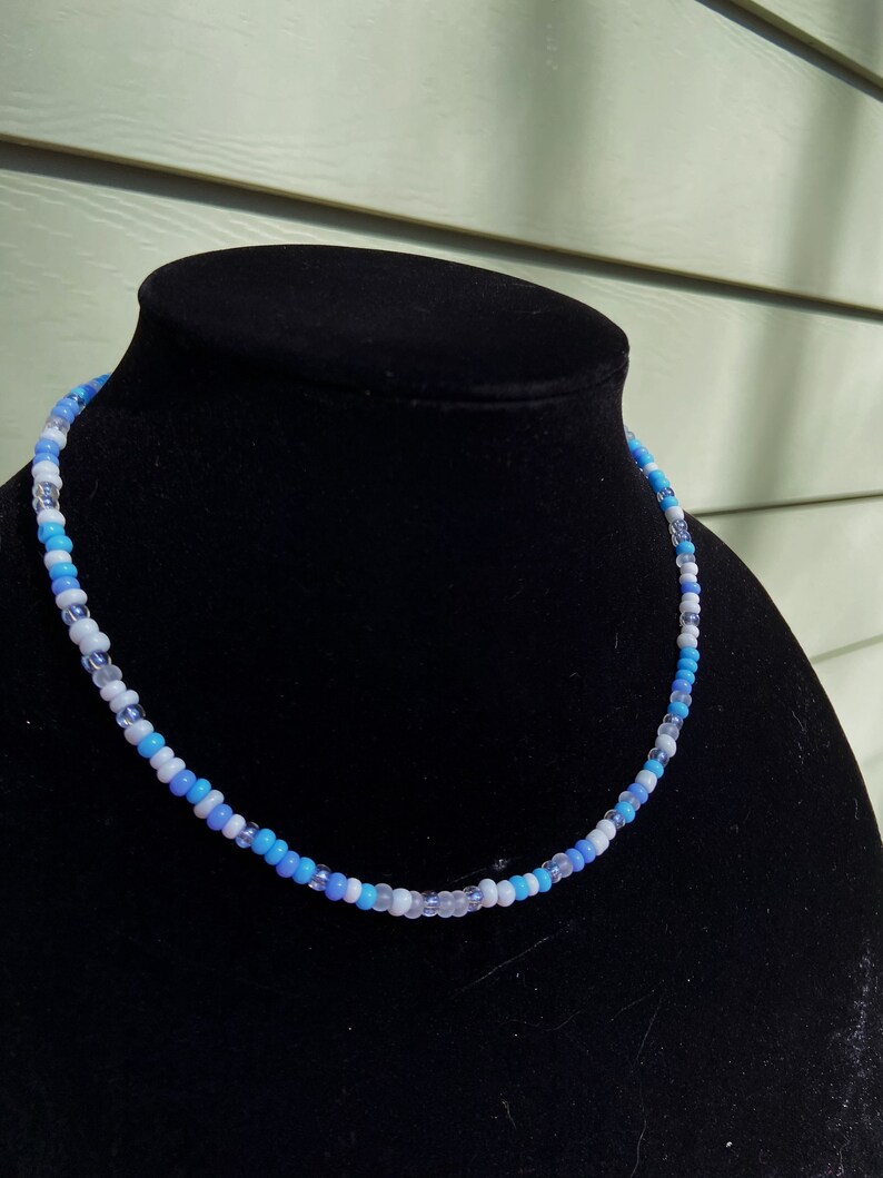 Handmade adjustable light blue and white beaded affordable necklace