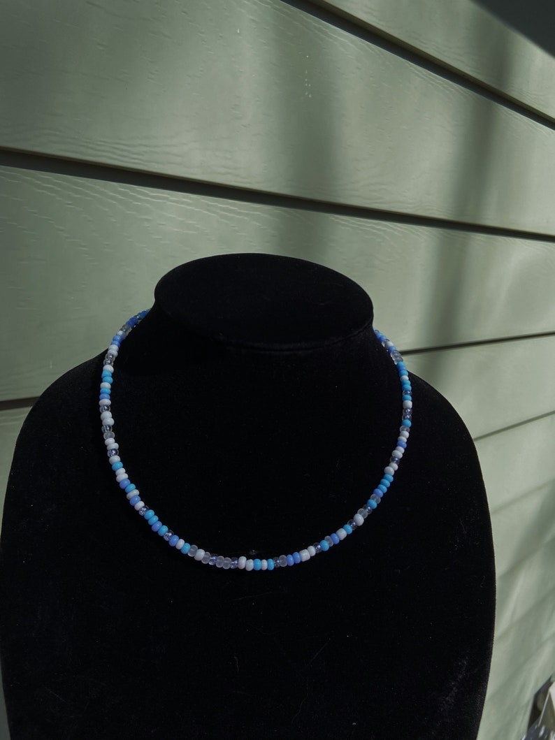 Handmade adjustable light blue and white beaded affordable necklace