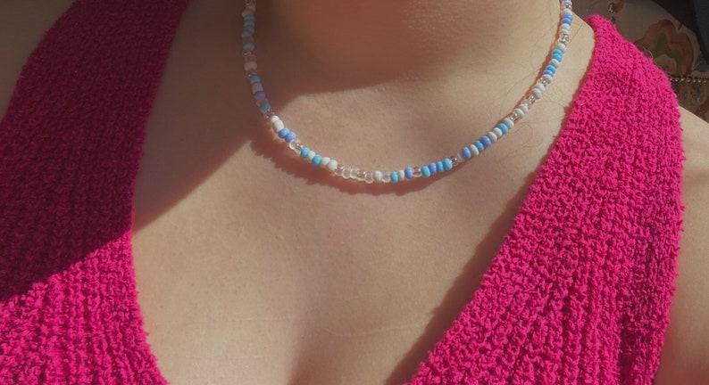 Handmade adjustable light blue and white beaded affordable necklace