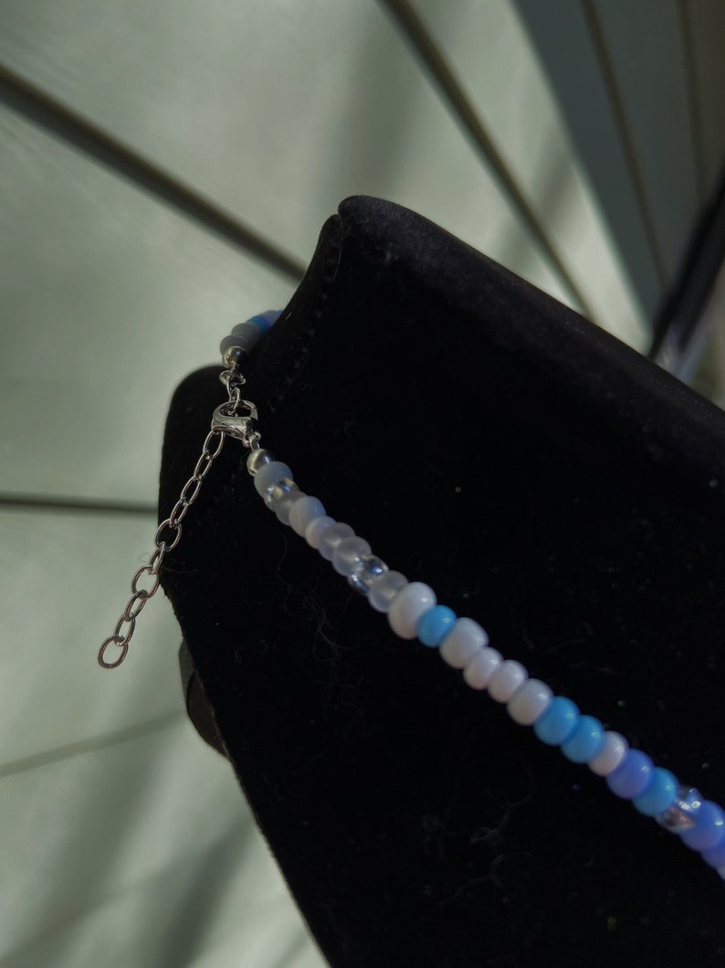 Handmade adjustable light blue and white beaded affordable necklace