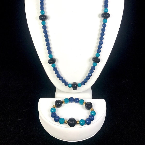 TRIFARI Necklace and Stretch Bracelet, Blue, Teal, Black Beads, Vintage 1970s