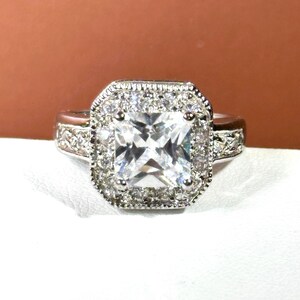 Art Deco Cocktail Ring: Princess Cut CZ, Silver-Tone Halo, Size 8