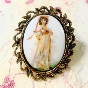 Vintage Victorian &quot;Pinkie&quot; Portrait Porcelain Brooch, Early 70s