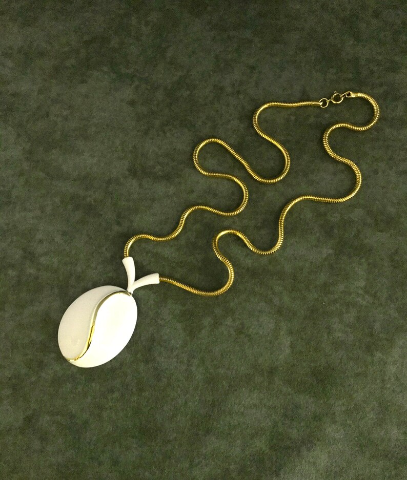 Vintage Long Snake Chain White Enamel Pendant Necklace