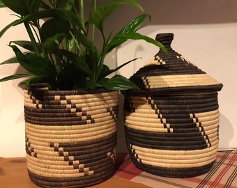 Grass-woven lidded storage baskets handmade in Uganda