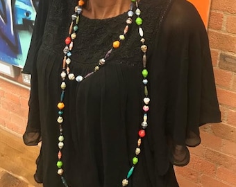 Unique Paper Bead Necklace - Extra Long Strand for Boho Chic Look