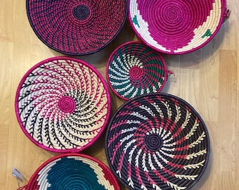 Handmade Medium Grass-Woven Baskets from Uganda - 30cm Diameter - Beautifully Pink