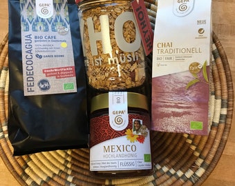 Fair trade gift hampers alongside selected handmade crafts from Uganda