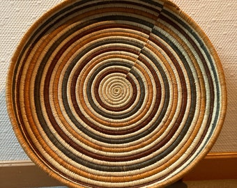 Handmade Large Grass-Woven Shallow Trays/Plates from Uganda - 40cm Diameter - Naturally Dyed Colors