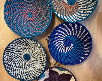 Handmade Medium Grass-Woven Baskets from Uganda - 30cm Diameter - shades of green and blue