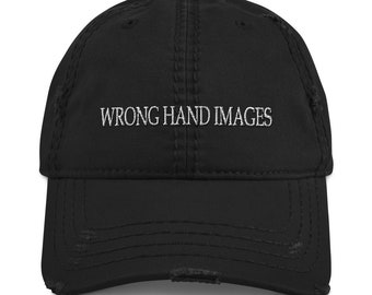 Wrong Hand Images- White Text WHI Text Distressed Dad Hat