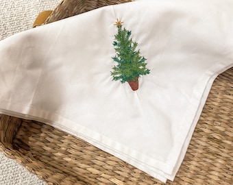 Embroidered Potted Tree Flour Sack towel, Bread Basket Cloth, Kitchen,  Decor, Holiday, Christmas, Evergreen tree, m anderson design
