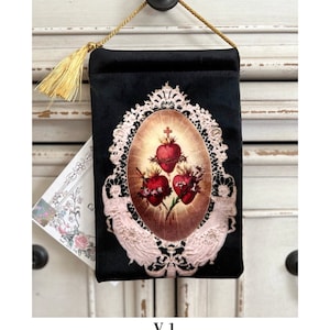 TRES CORAZONES Jesús, María y José, portador de bendición de terciopelo, imagen HD de 8 por 5 pulgadas, 2 hermosos lados.