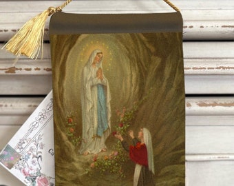 OUR LADY of LOURDES Velvet Blessing Carrier, Hd Image 8 by 5 inches , 2 beautiful sides.