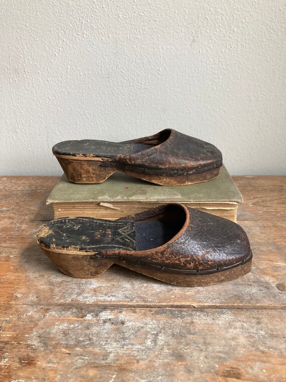 Antique Girls Leather and Wooden Soled Clogs - image 5