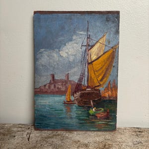 Antique French Naive Sailboat Painting