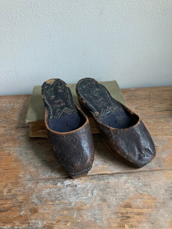 Antique Girls Leather and Wooden Soled Clogs - image 1