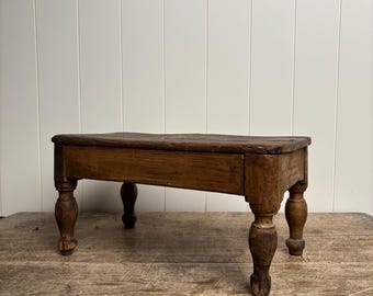 Antique Primitive Worn Wood Step Stool with Turned Legs
