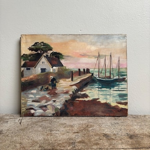 Antique French Harbor Oil Painting with Woman & Chickens