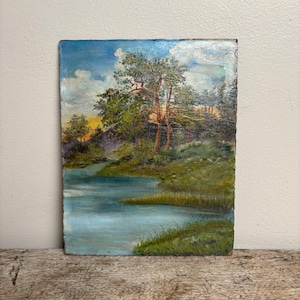 Antique French Naive Lakeside Oil Painting