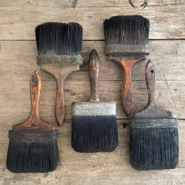 Set of Five Antique Leather Wrapped Boar Hair Paintbrushes