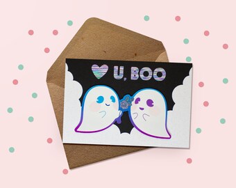 Luv U Boo Greeting Card | Cute Ghost Love Greeting Card | Punny Halloween | Anniversary Card For Spooky Couples