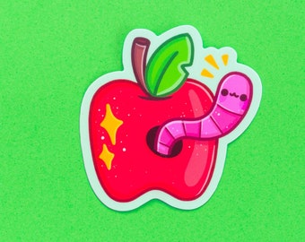 Apple & Worm Vinyl Sticker – Cute Kawaii Laptop Decal