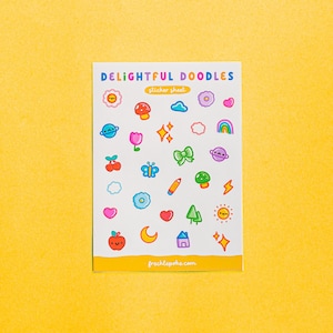 Folha de adesivos de rabiscos fofos, adesivos de planejador, papelaria fofa, decalques de diário, adesivos de laptop, arte Kawaii, Bujo