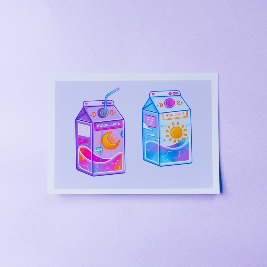 Sun & Moon Juice Art Print, Wall Decor, Kawaii and Cute Art, Mini Art