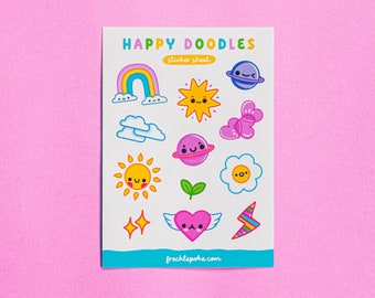 Hoja de pegatinas Happy Doodles, pegatinas kawaii para agenda, calcomanías para diario