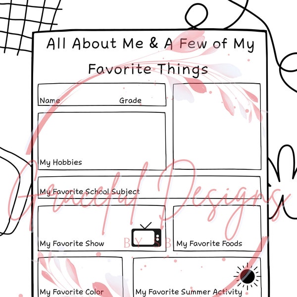 All About Me & A Few of My Favorite Things Activity Sheet for Kids, Teens - Printable