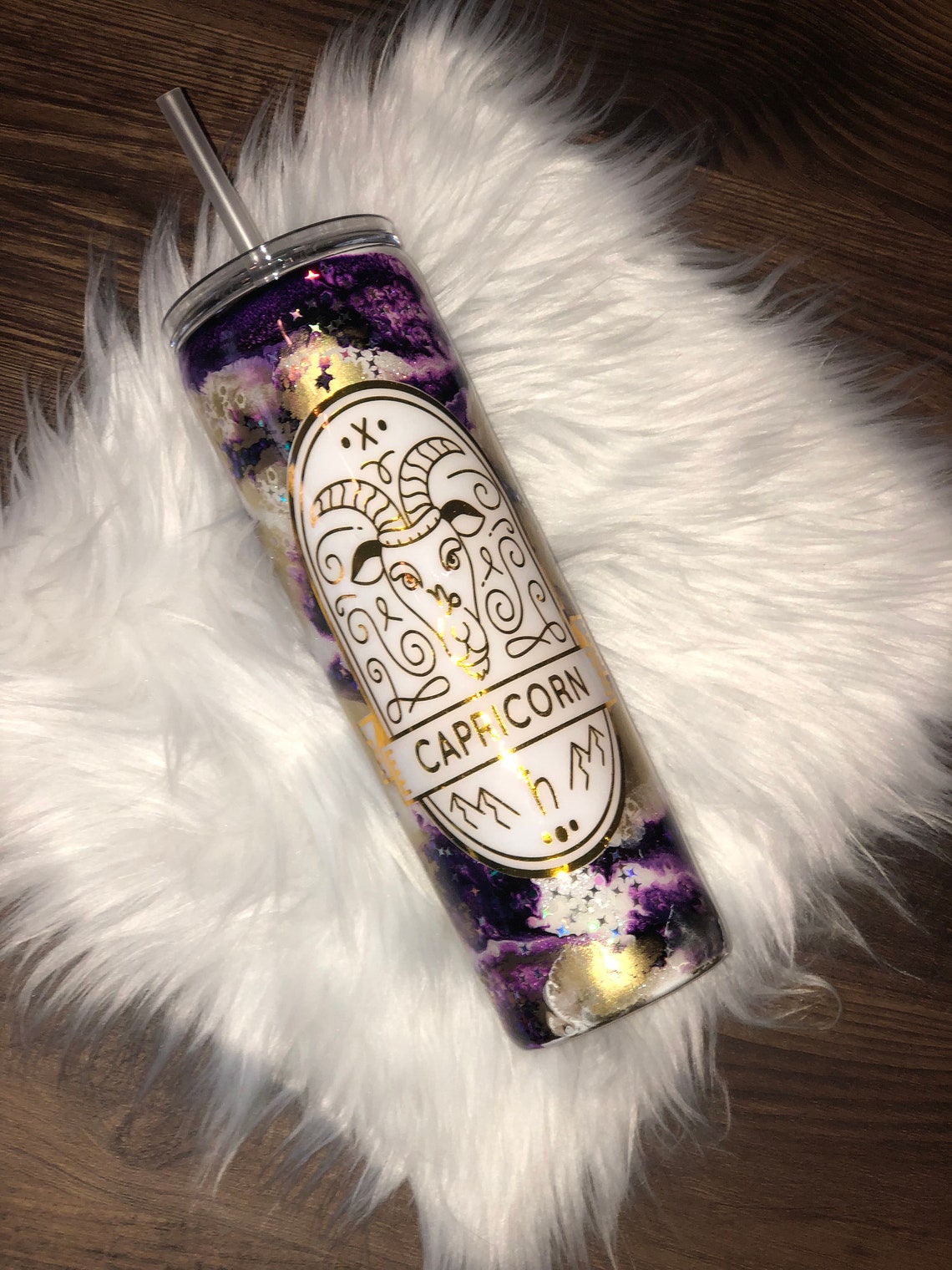 Zodiac Tumbler Purple Glitter Tumbler Capricorn Tumbler Etsy